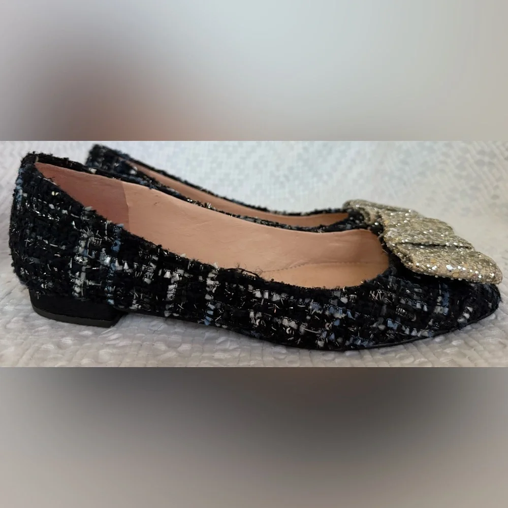 J Crew Women's Poppy Ballet Flats Tweed Glitter Bow Ocean Black Shoes SZ 7